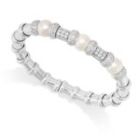 A PEARL AND DIAMOND BANGLE in 18ct white gold, the flexible bracelet part set with round cut