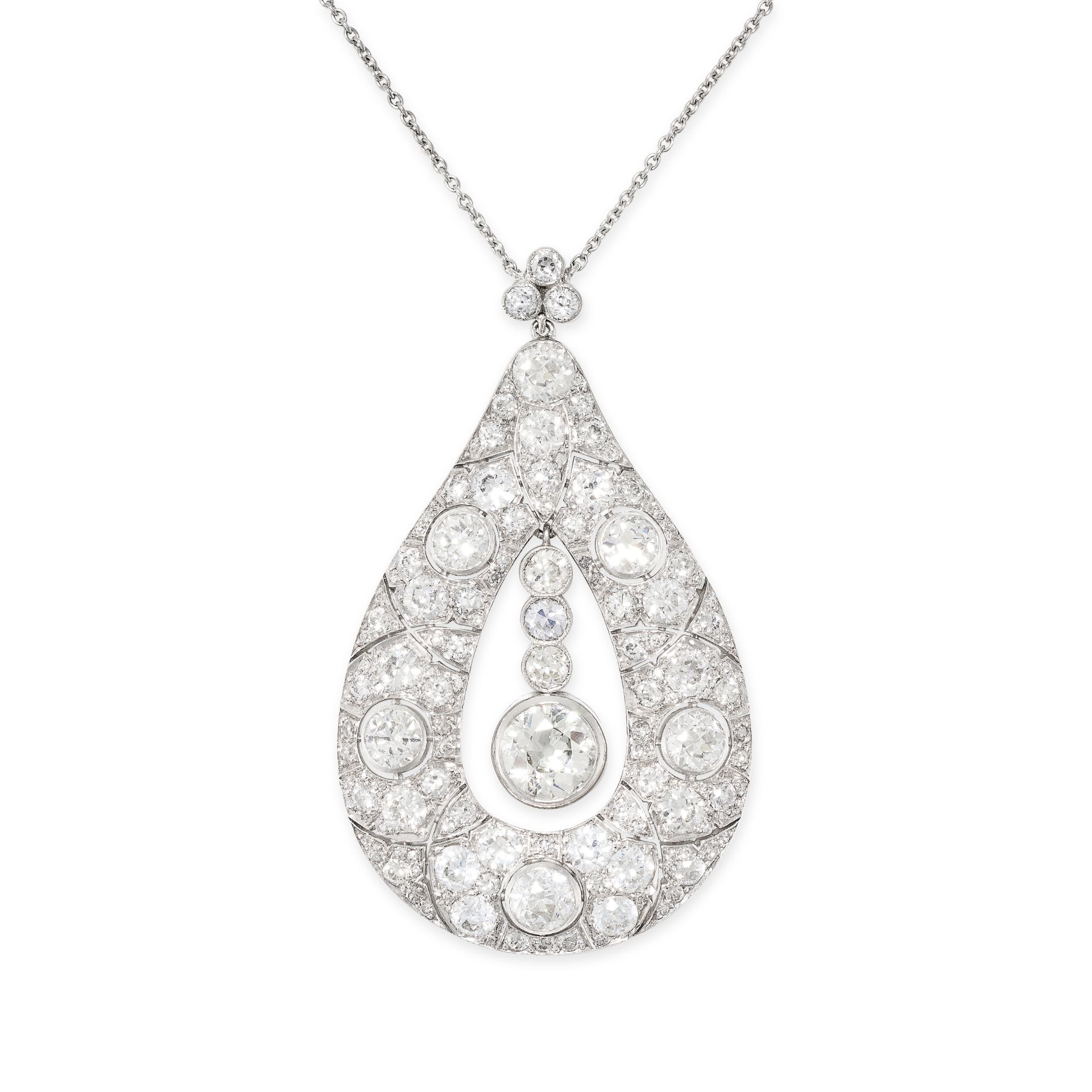 A DIAMOND PENDANT NECKLACE comprising a tear shaped pendant set with old cut diamonds, suspending