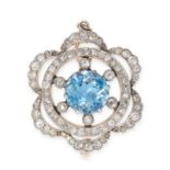 AN AQUAMARINE AND DIAMOND BROOCH set with a central round cut aquamarine within a circular and