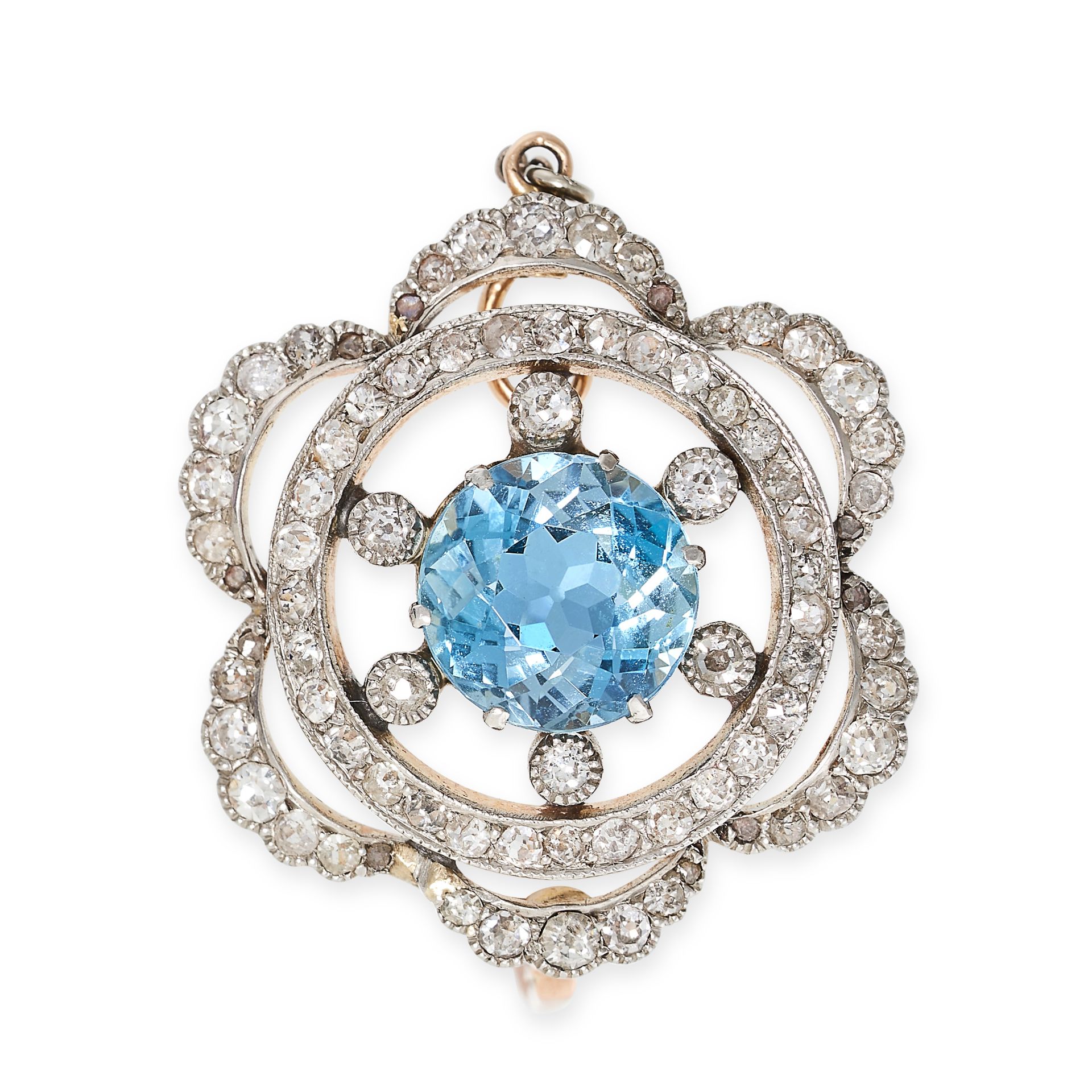 AN AQUAMARINE AND DIAMOND BROOCH set with a central round cut aquamarine within a circular and