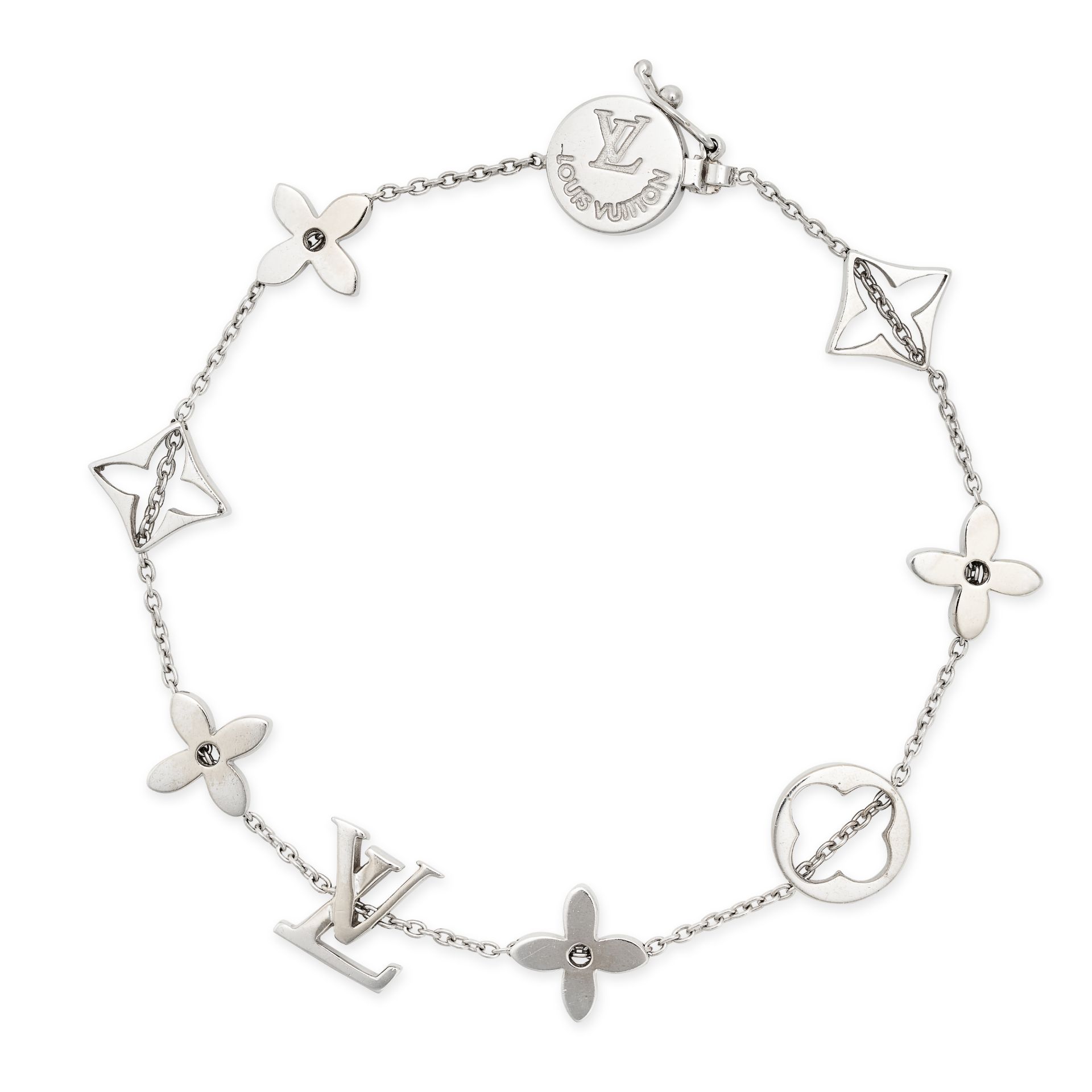 LOUIS VUITTON, A MONOGRAM BRACELET in 18ct white gold, the fine link chain suspending a series of LV