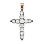 AN ANTIQUE PASTE CROSS PENDANT in yellow gold and silver, set with old cut white paste gemstones, no