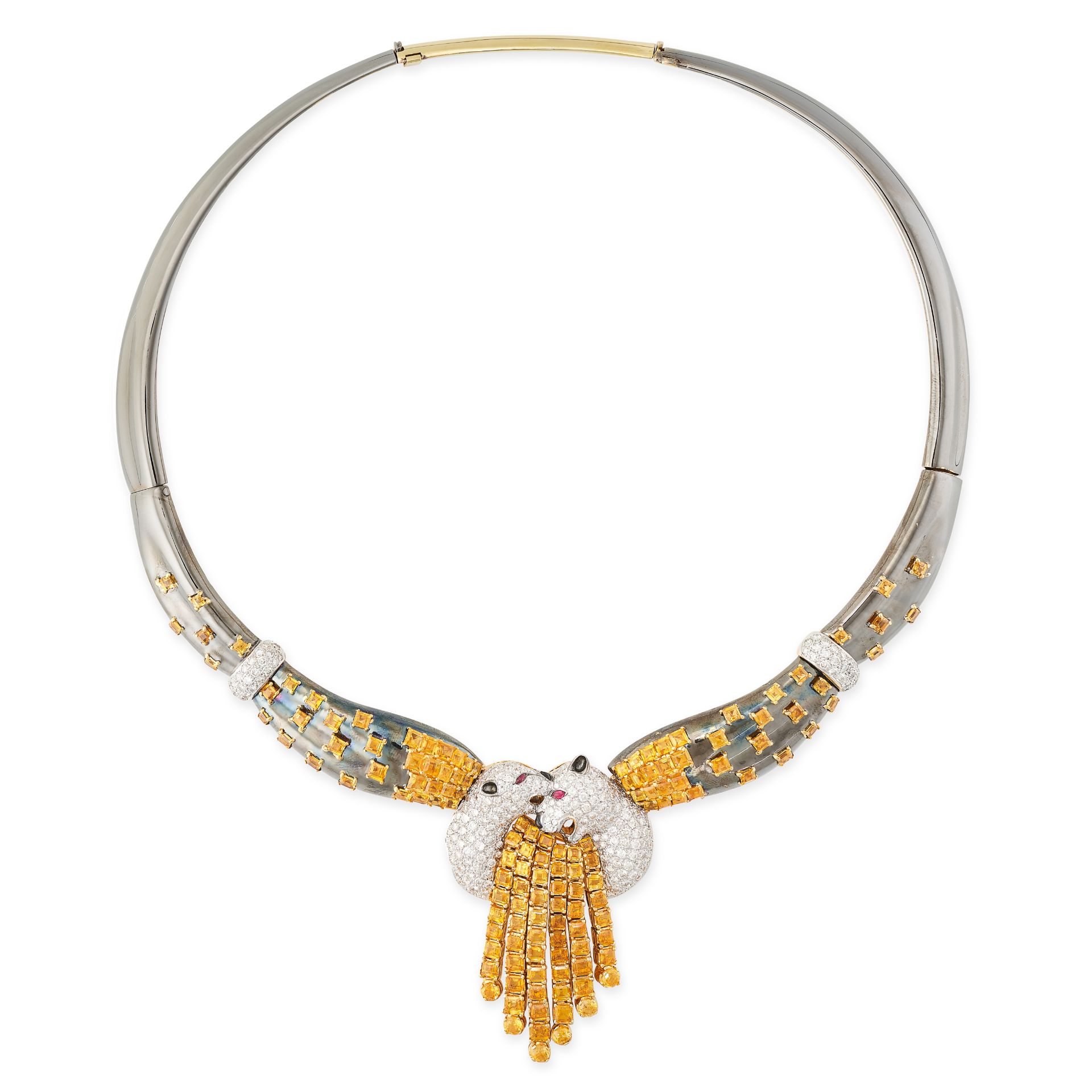 A YELLOW SAPPHIRE, DIAMOND AND RUBY PANTHER COLLAR NECKLACE comprising a blackened gold collar set