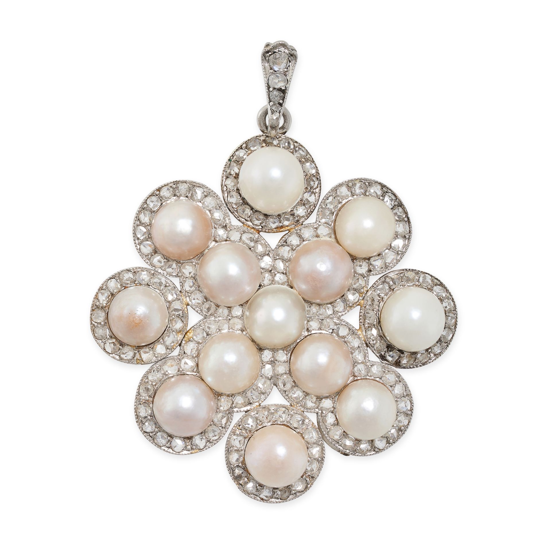 AN ANTIQUE PEARL AND DIAMOND PENDANT, EARLY 20TH CENTURY comprising thirteen clusters, each set to