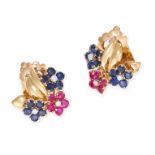 VAN CLEEF & ARPELS, A PAIR OF RUBY, SAPPHIRE AND DIAMOND CLIP EARRINGS in 18ct yellow gold, each