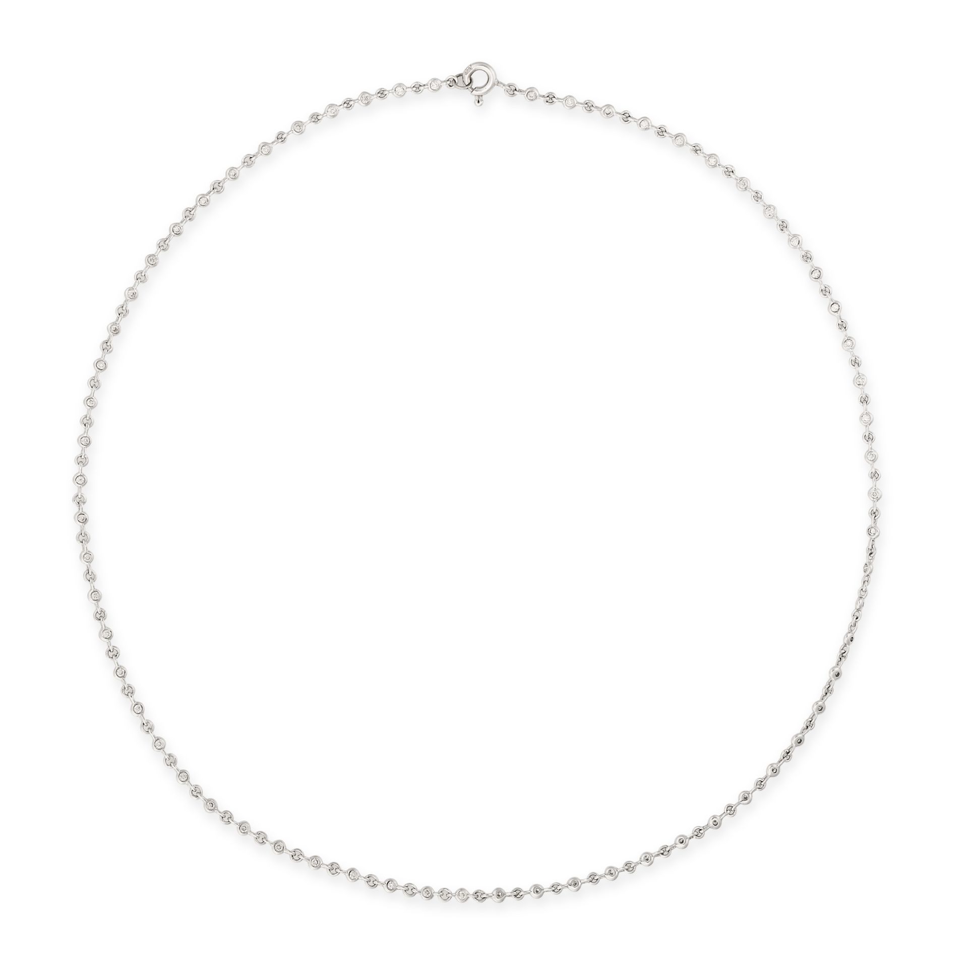 A DIAMOND CHAIN NECKLACE in 14ct white gold, comprising a row of bezel set round brilliant cut