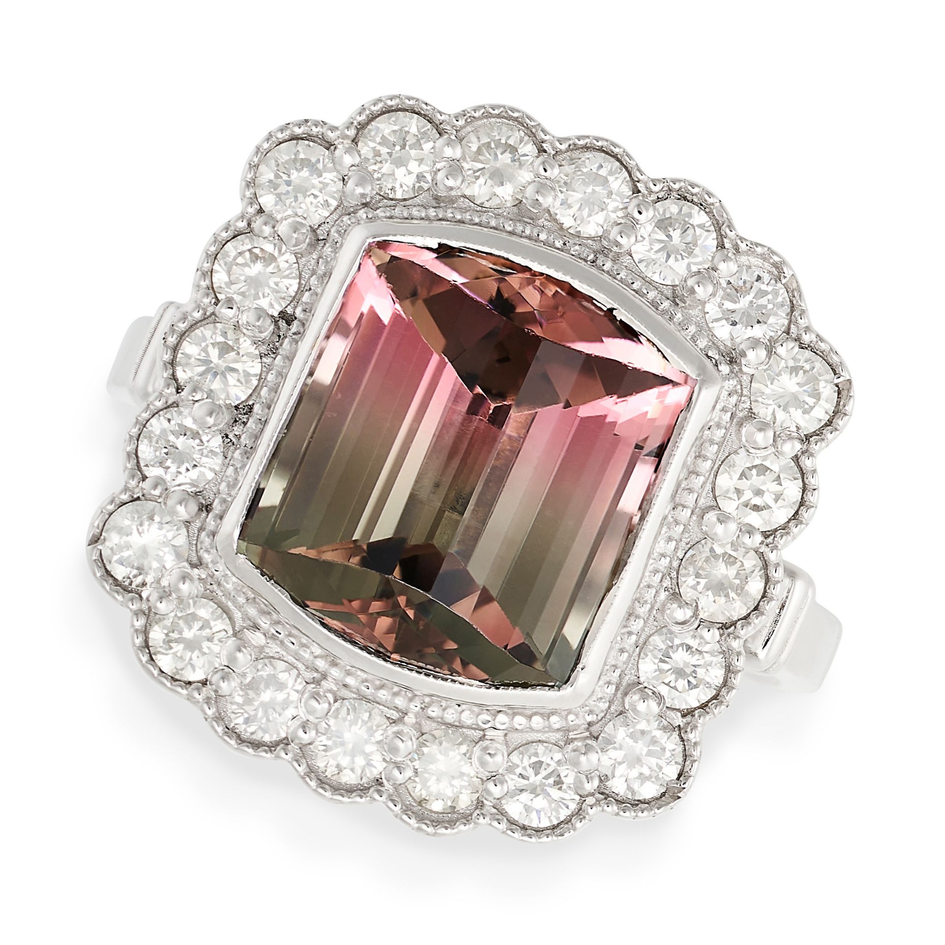 A WATERMELON TOURMALINE AND DIAMOND CLUSTER RING set with a fancy cut watermelon tourmaline, in a
