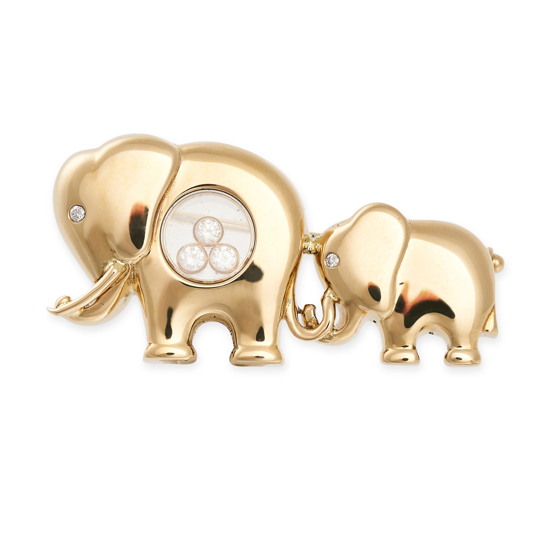 CHOPARD, A HAPPY DIAMONDS ELEPHANT BROOCH in 18ct yellow gold, designed as an elephant with baby,
