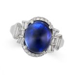 A SAPPHIRE AND DIAMOND RING set with a sugarloaf cabochon sapphire of 6.30 carats, accented by round