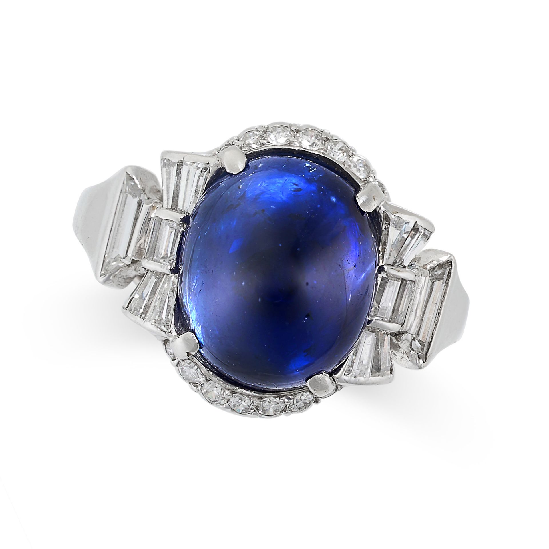 A SAPPHIRE AND DIAMOND RING set with a sugarloaf cabochon sapphire of 6.30 carats, accented by round