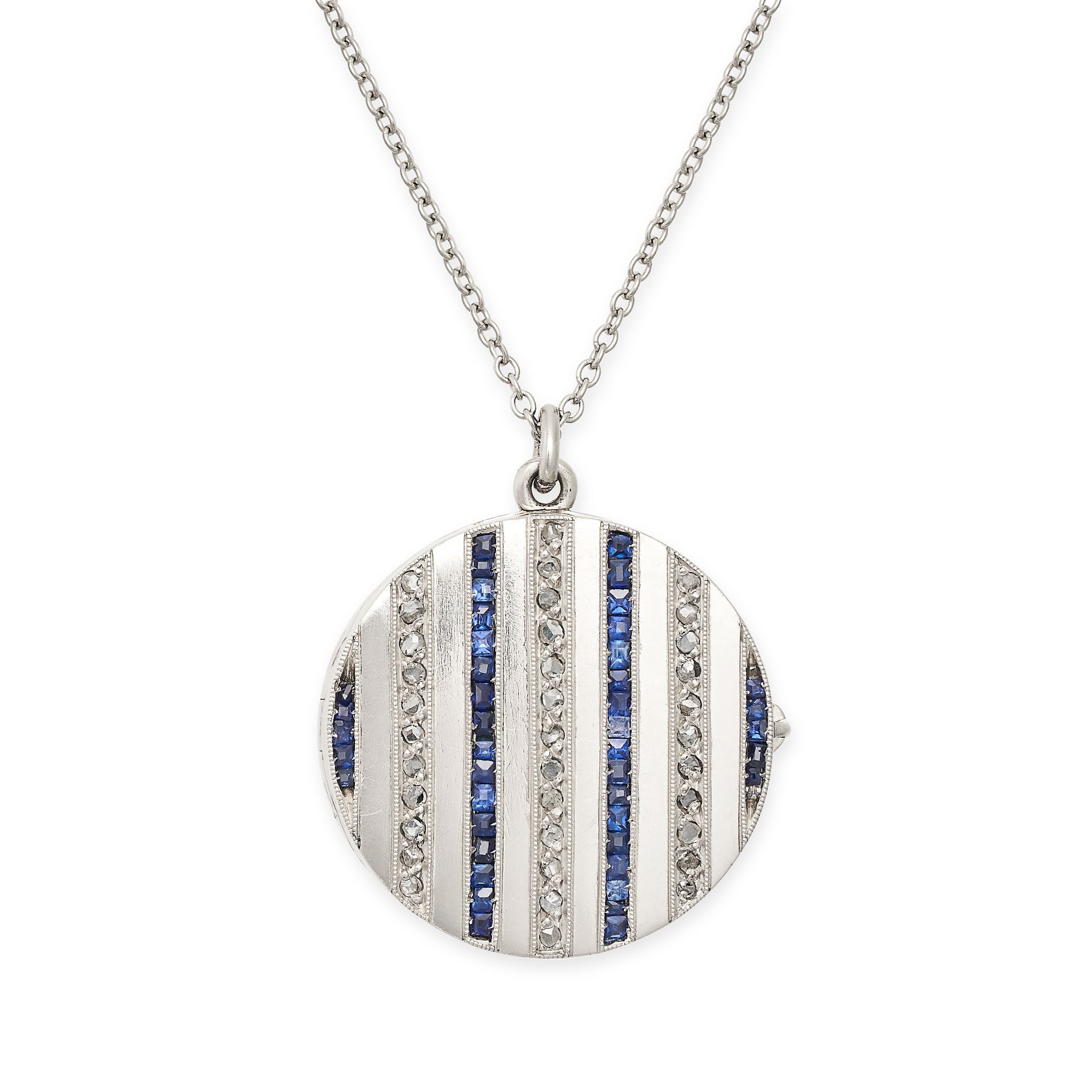 A SAPPHIRE AND DIAMOND LOCKET AND CHAIN the circular locket set with alternating rows of rose cut