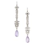 A PAIR OF PURPLE SAPPHIRE AND DIAMOND DROP EARRINGS each comprising a series of links set with