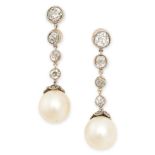 A PAIR OF ANTIQUE NATURAL PEARL AND DIAMOND DROP EARRINGS each set with a row of old cut diamonds