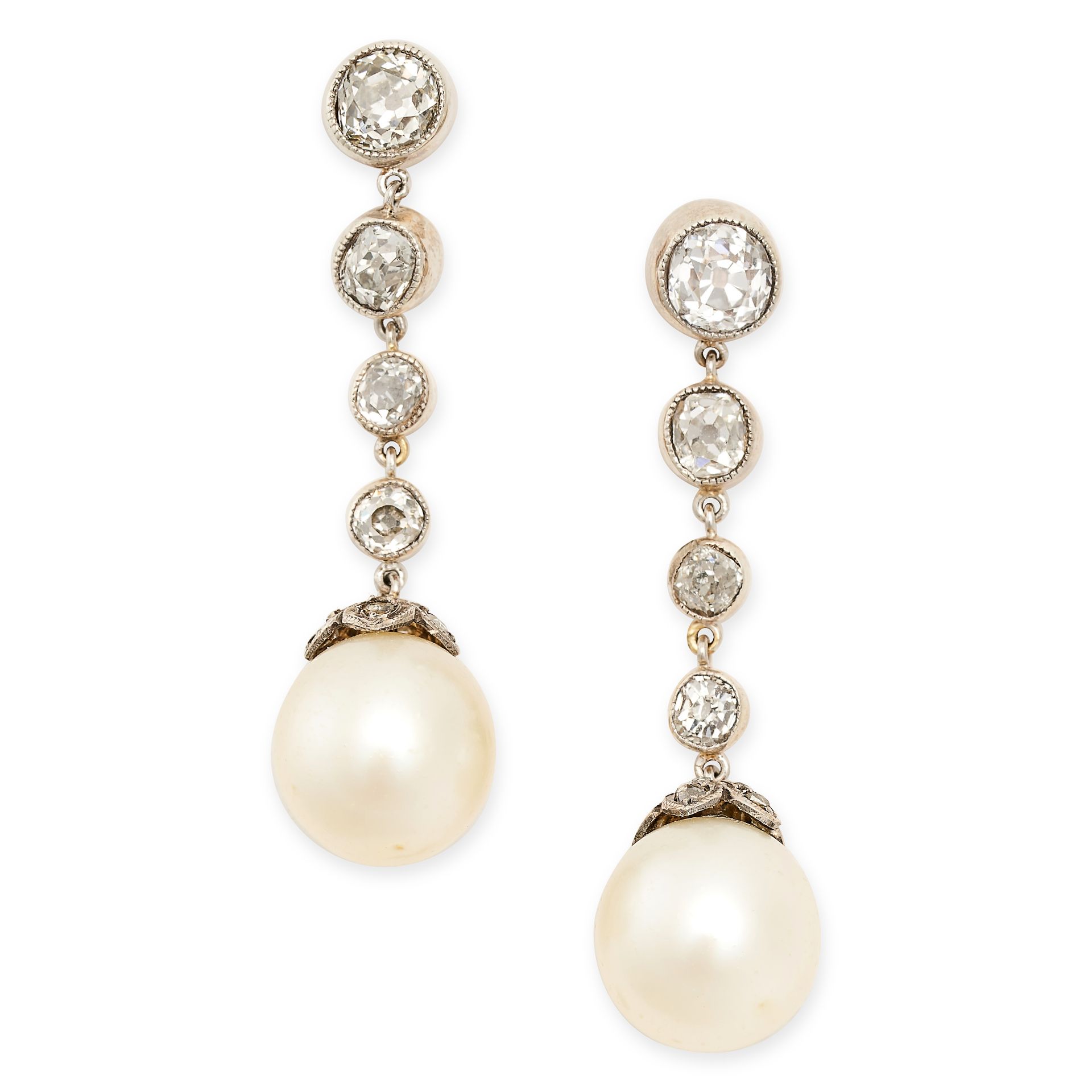 A PAIR OF ANTIQUE NATURAL PEARL AND DIAMOND DROP EARRINGS each set with a row of old cut diamonds
