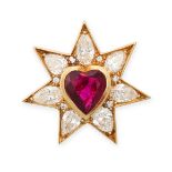 AN UNHEATED RUBY AND DIAMOND LAPEL PIN BROOCH in yellow gold, set with a heart cut ruby of 1.77