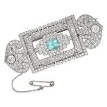 AN EXQUISITE PARAIBA TOURMALINE AND DIAMOND PLAQUE BROOCH set to the centre with a cushion cut