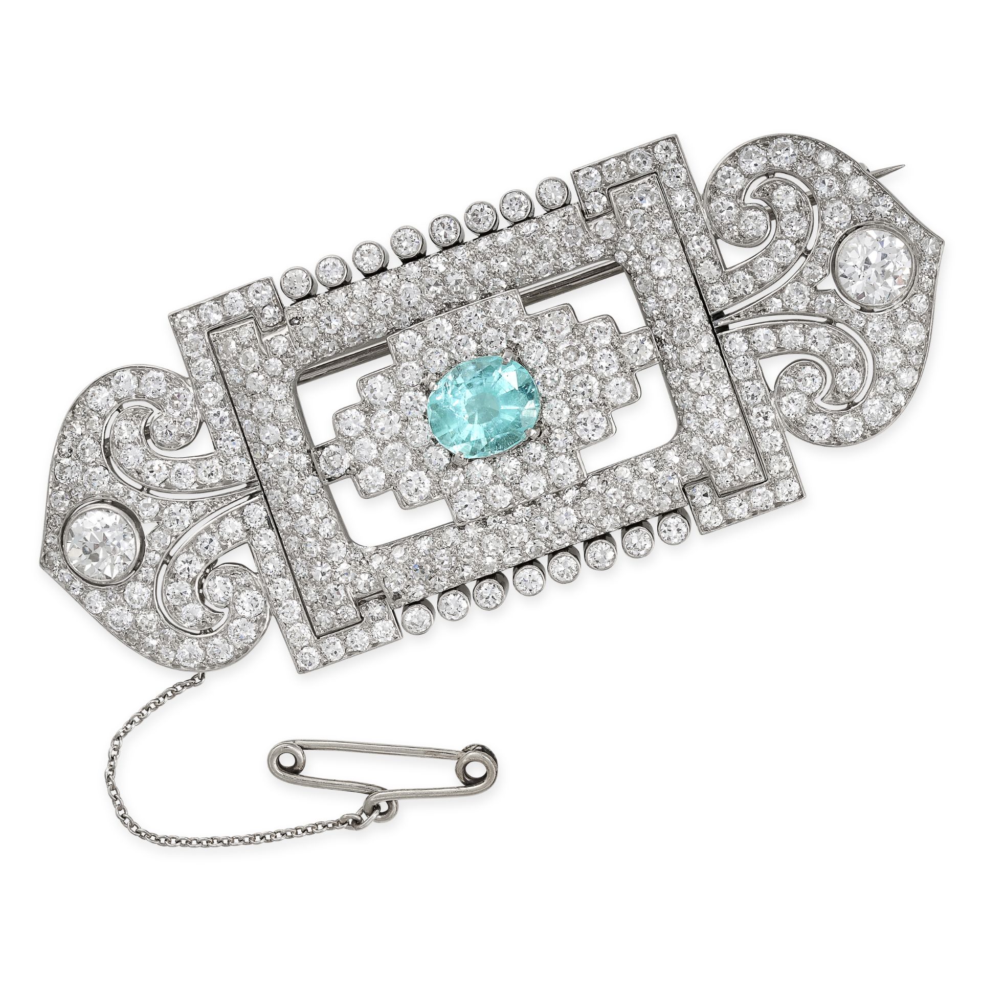 AN EXQUISITE PARAIBA TOURMALINE AND DIAMOND PLAQUE BROOCH set to the centre with a cushion cut