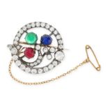 AN ANTIQUE DIAMOND, SAPPHIRE, RUBY AND EMERALD CLOVER BROOCH in yellow gold and silver, the three