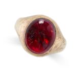 A VINTAGE GARNET SIGNET RING in 9ct yellow gold, set with a cabochon garnet, British hallmarks for