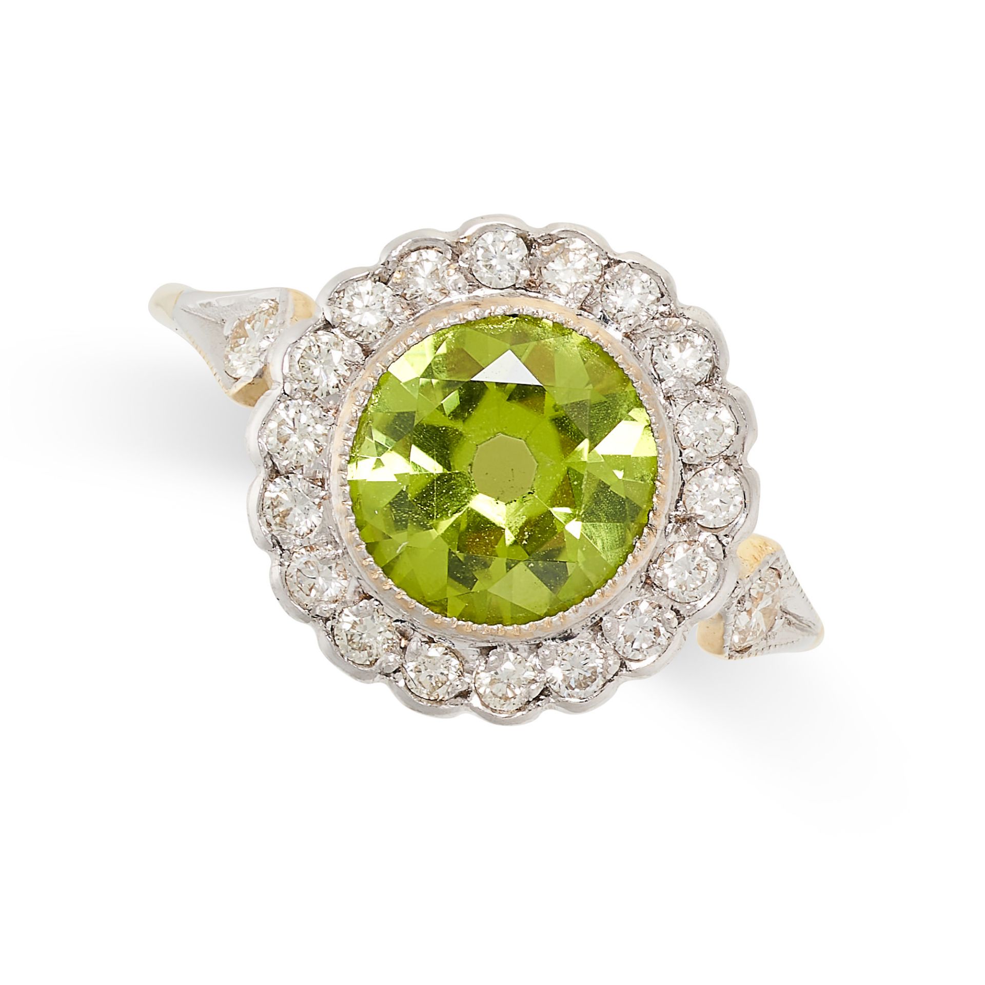 A PERIDOT AND DIAMOND RING set with a round cut peridot of 0.80 carats in a cluster of round