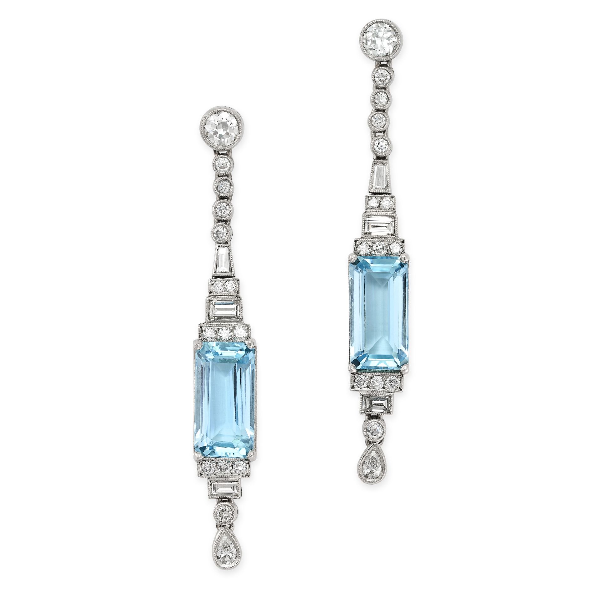 A PAIR OF AQUAMARINE AND DIAMOND DROP EARRINGS in Art Deco design, each set with a rectangular