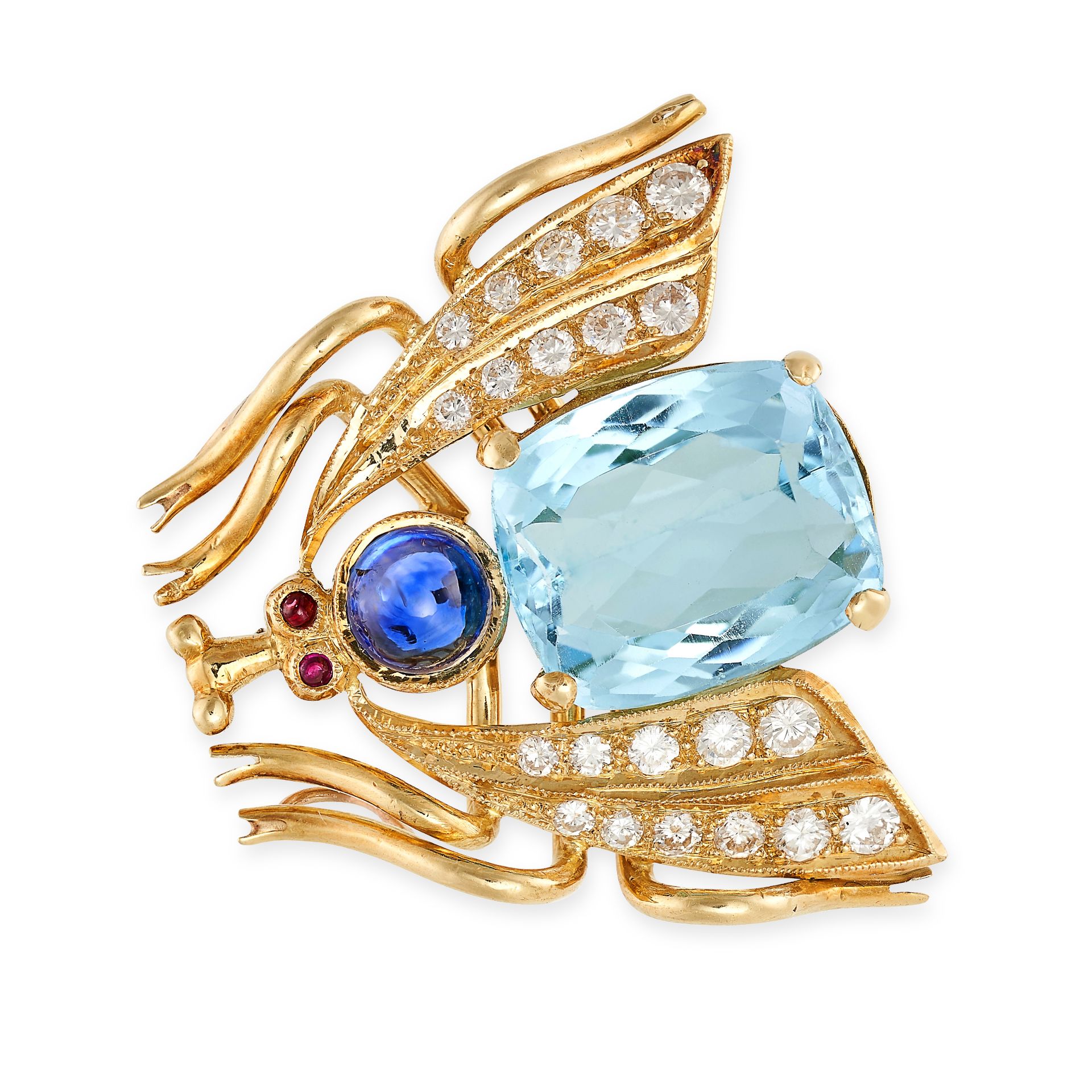 AN AQUAMARINE, SAPPHIRE AND RUBY INSECT BROOCH the body set with a cushion cut aquamarine and a