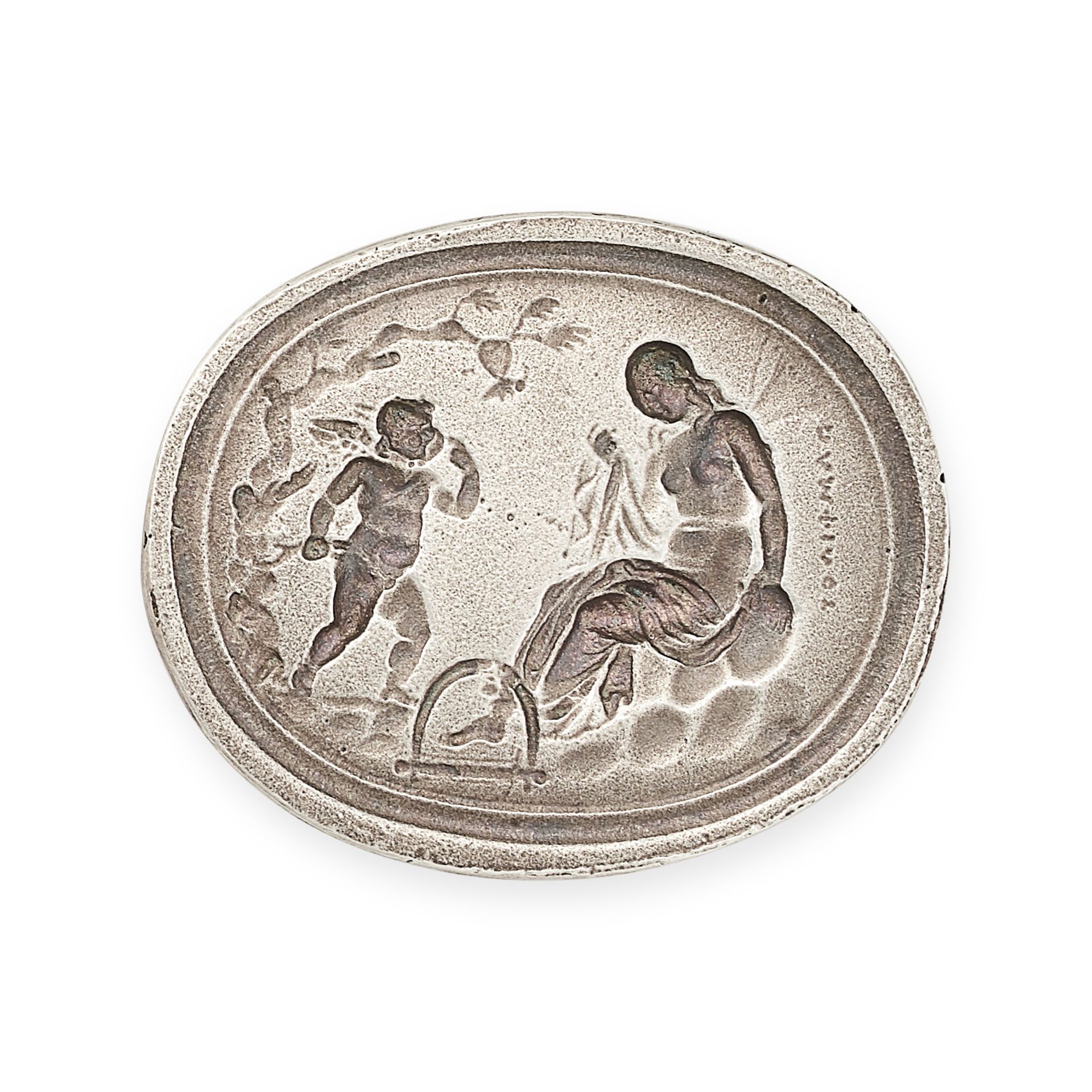 A SILVER INTAGLIO depicting Psyche in chains with Cupid coming to her aid, 2.0cm, 3.3g.