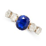 AN ANTIQUE FRENCH SAPPHIRE AND DIAMOND FIVE STONE RING in 18ct yellow gold, set with a central