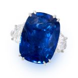 A CEYLON SAPPHIRE AND DIAMOND RING in platinum, set with a cushion cut sapphire of 15.08 carats