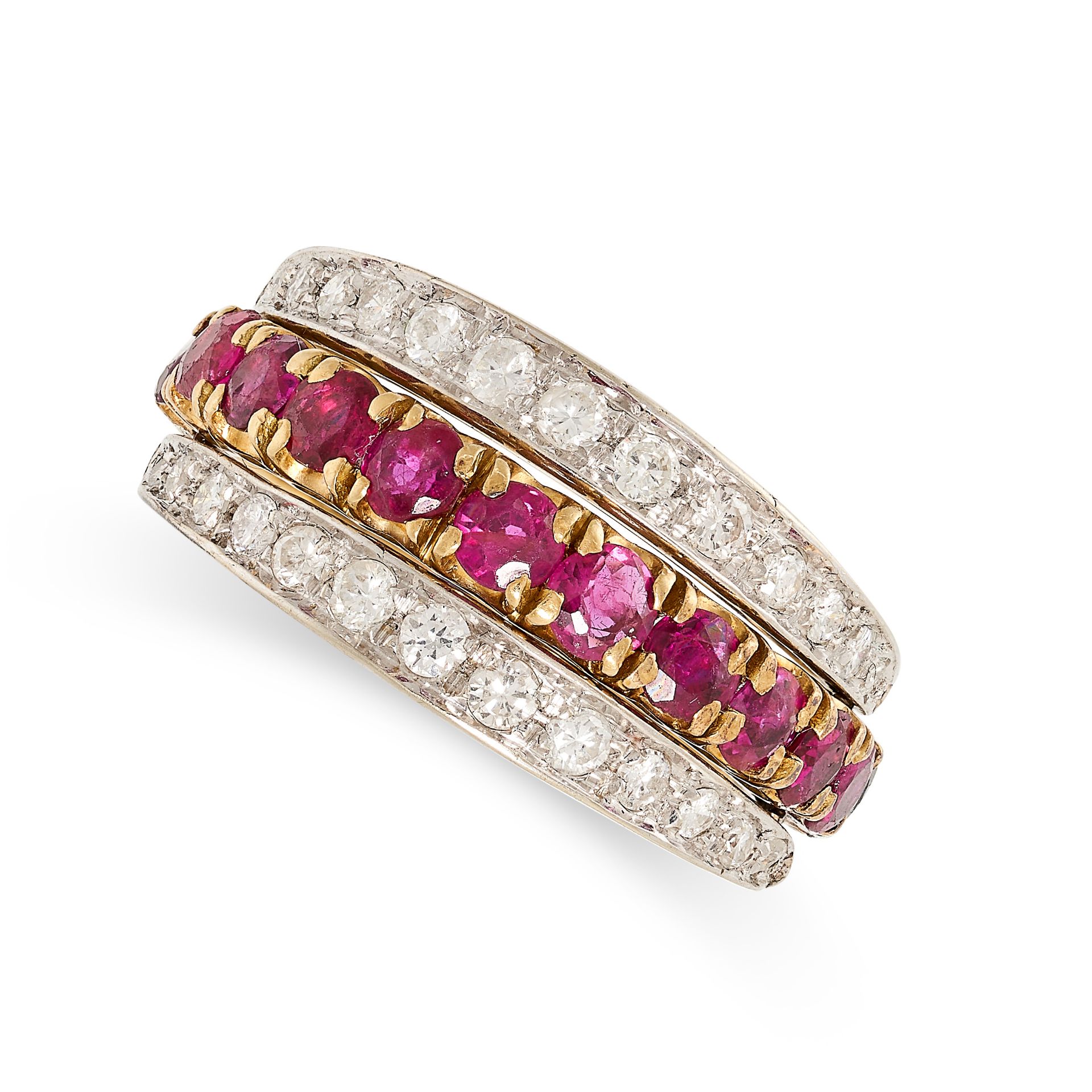 A SAPPHIRE, RUBY AND DIAMOND REVERSIBLE RING the central band half set with round cut sapphires