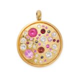 A RUBY, PINK SAPPHIRE, GARNET AND DIAMOND PENDANT the circular disc set with round cut rubies,