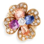 RENE KERN, A VINTAGE GEM SET FLOWER RING, CIRCA 1970 in 18ct yellow gold, set with cushion cut blue,