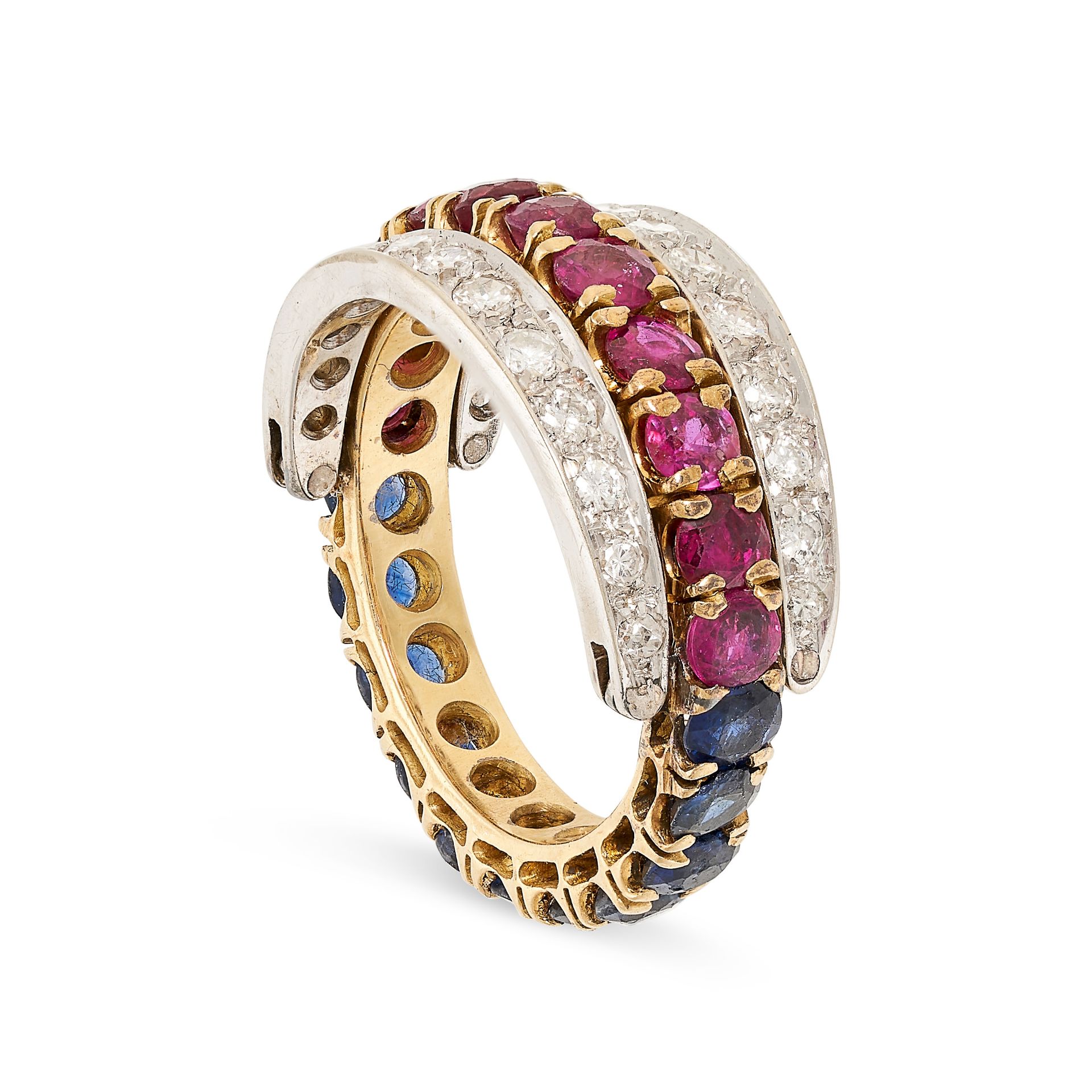A SAPPHIRE, RUBY AND DIAMOND REVERSIBLE RING the central band half set with round cut sapphires - Bild 2 aus 3