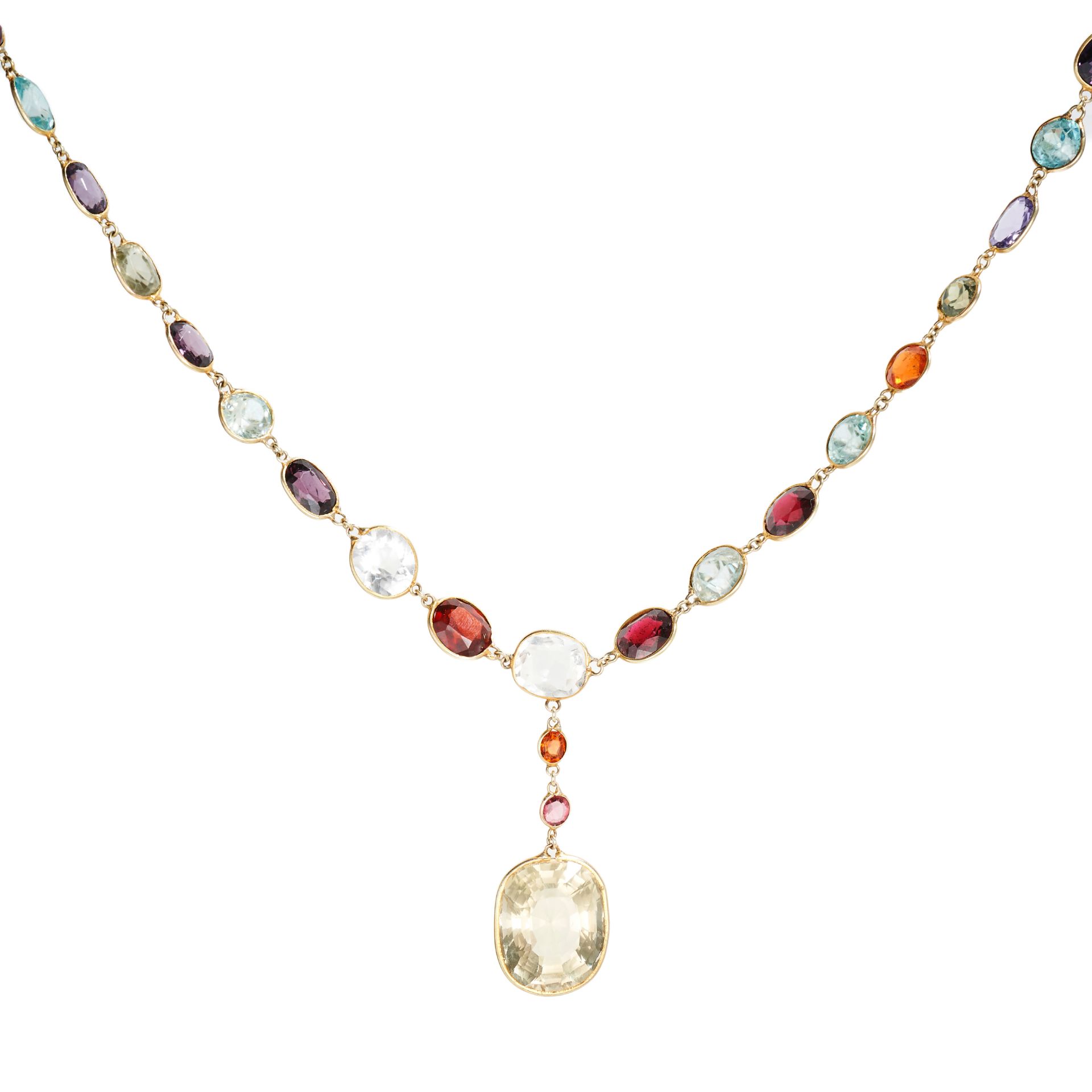 AN ANTIQUE GEMSET HARLEQUIN NECKLACE, 19TH CENTURY in yellow gold, comprising a single row of