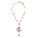 BULGARI, A MULTI COLOURED SAPPHIRE FLOWER PENDANT NECKLACE in 18ct yellow gold, the pendant