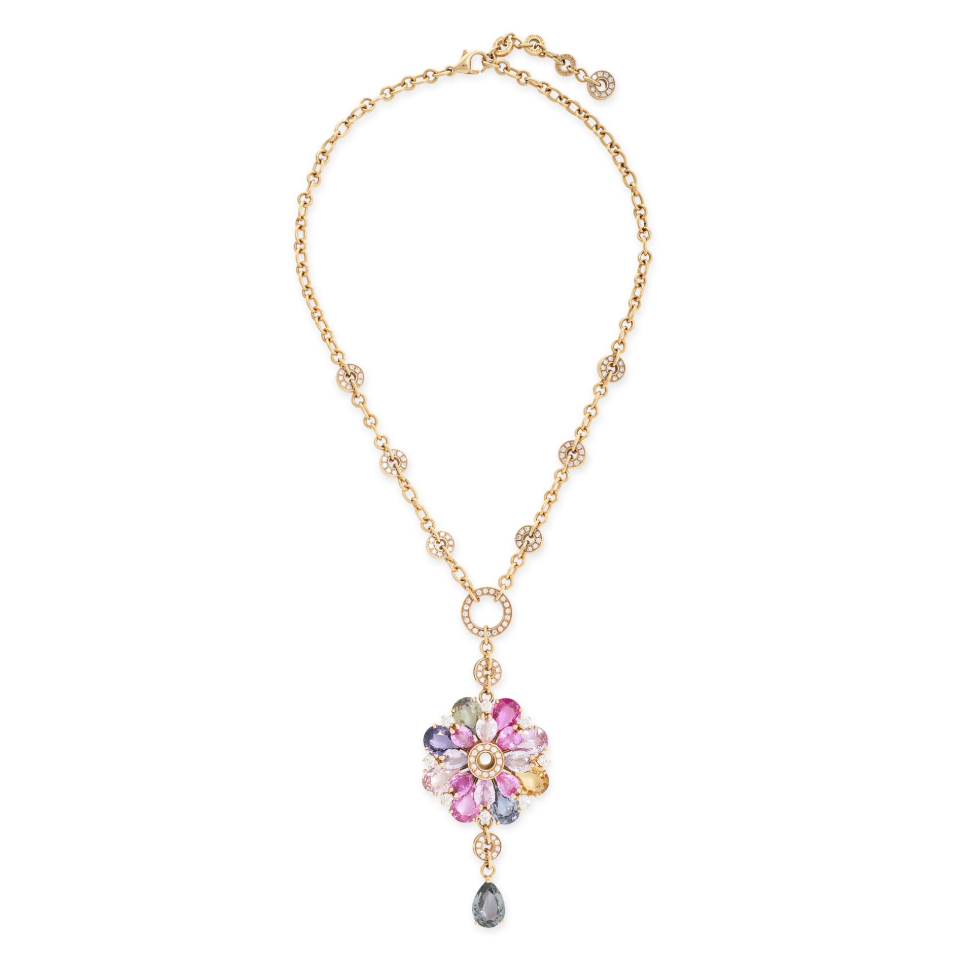 BULGARI, A MULTI COLOURED SAPPHIRE FLOWER PENDANT NECKLACE in 18ct yellow gold, the pendant