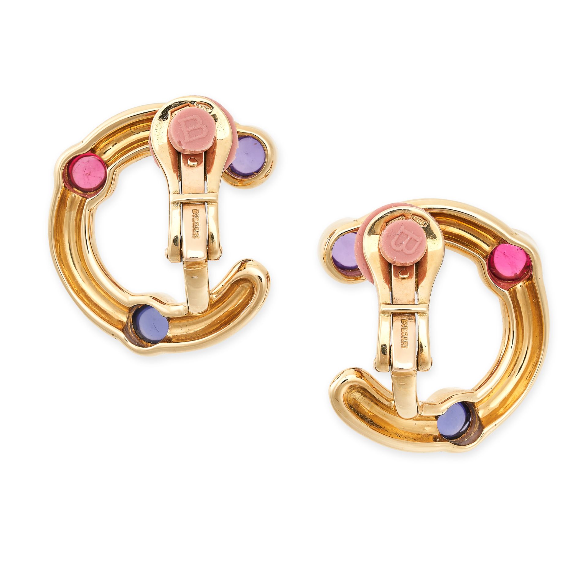 BULGARI, A PAIR OF VINTAGE GEMSET C-CLIP EARRINGS in 18ct yellow gold, each set with a cabochon - Bild 2 aus 2