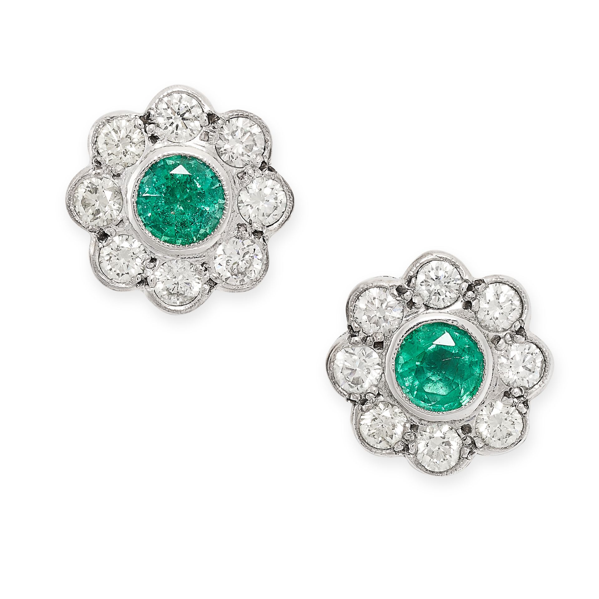 A PAIR OF EMERALD AND DIAMOND EARRINGS each set with a round cut emerald within a border of round