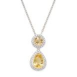 A CITRINE AND DIAMOND PENDANT AND CHAIN the pendant set with a round cut citrine within a border