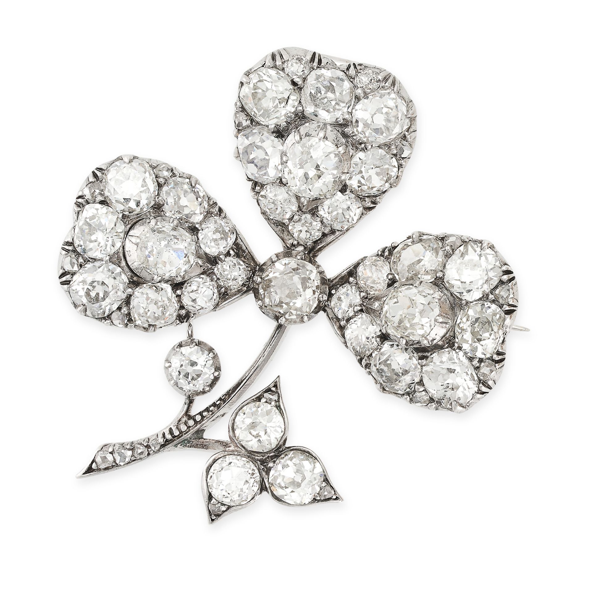 A FINE ANTIQUE VICTORIAN DIAMOND CLOVER BROOCH in white gold and silver, designed as a three leaf