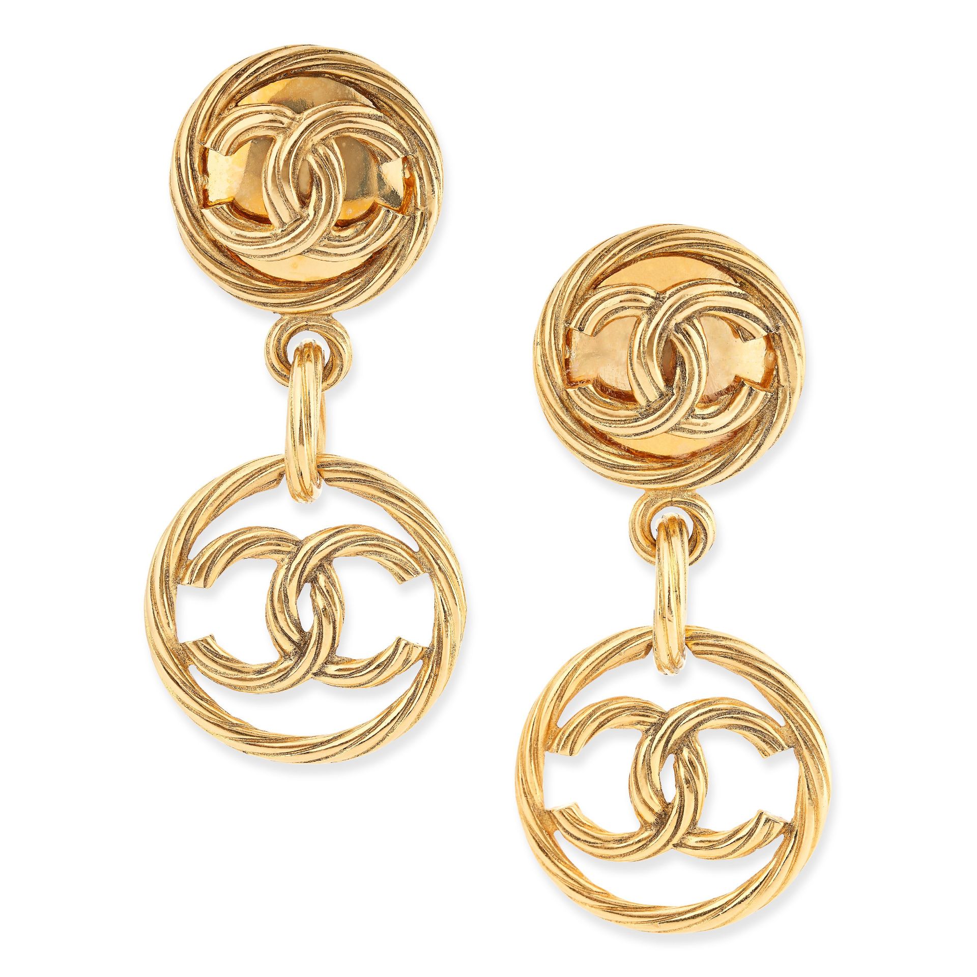 CHANEL, A PAIR OF VINTAGE CC DROP EARRINGS each comprising two interlocking CC motifs within twisted