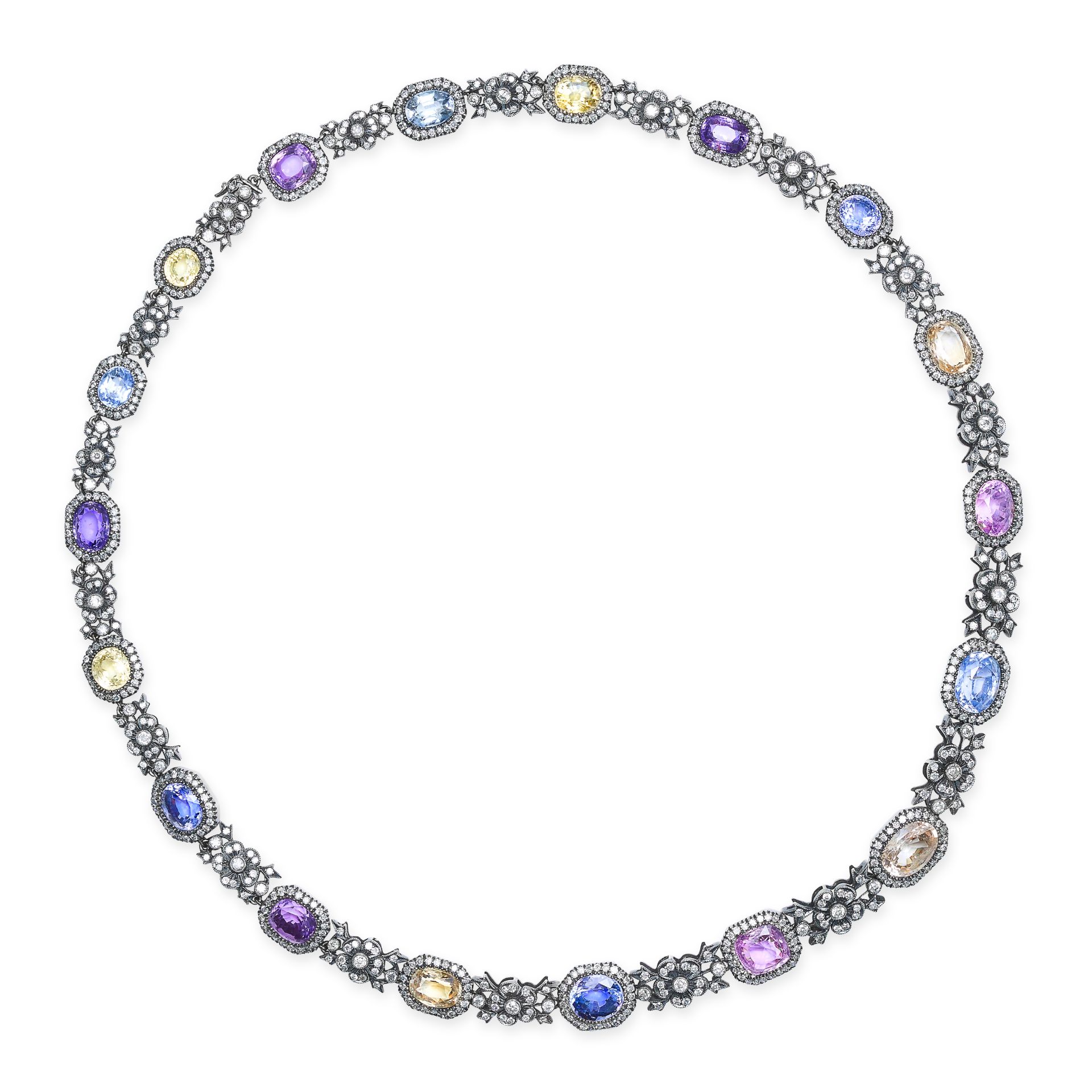AN ANTIQUE UNHEATED MULTICOLOUR SAPPHIRE AND DIAMOND NECKLACE, 19TH CENTURY in yellow gold and