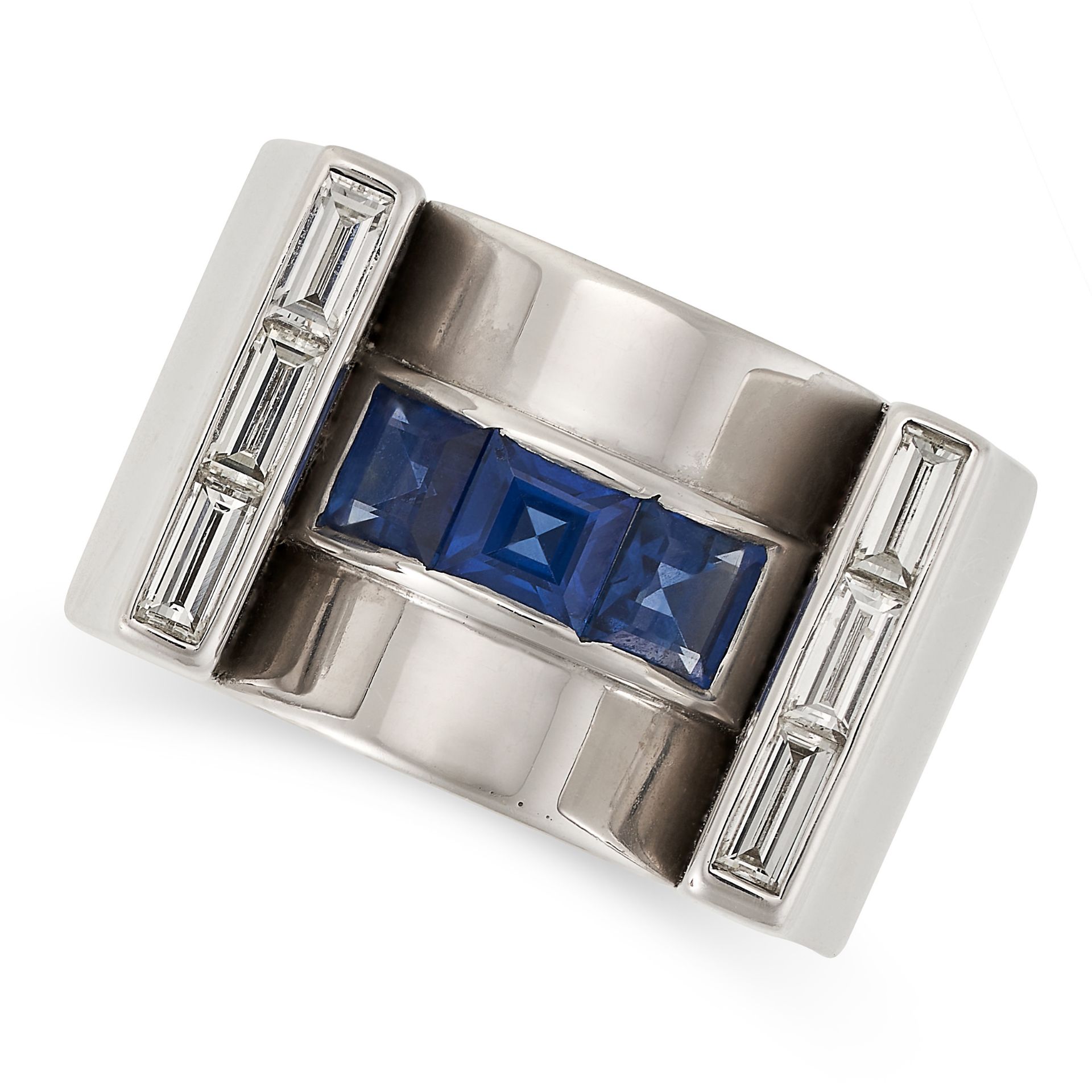 MAPPIN & WEBB, A SAPPHIRE AND DIAMOND RING in 18ct white gold, in geometric design, set with a