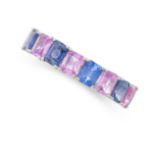 A PINK AND BLUE SAPPHIRE ETERNITY RING in 18ct white gold, set with alternating emerald cut pink and