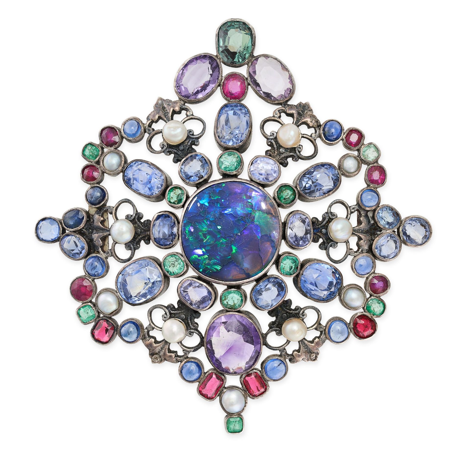 A FINE ANTIQUE ARTS AND CRAFTS BLACK OPAL, AMETHYST, PEARL, UNHEATED SAPPHIRE, UNHEATED SPINEL,