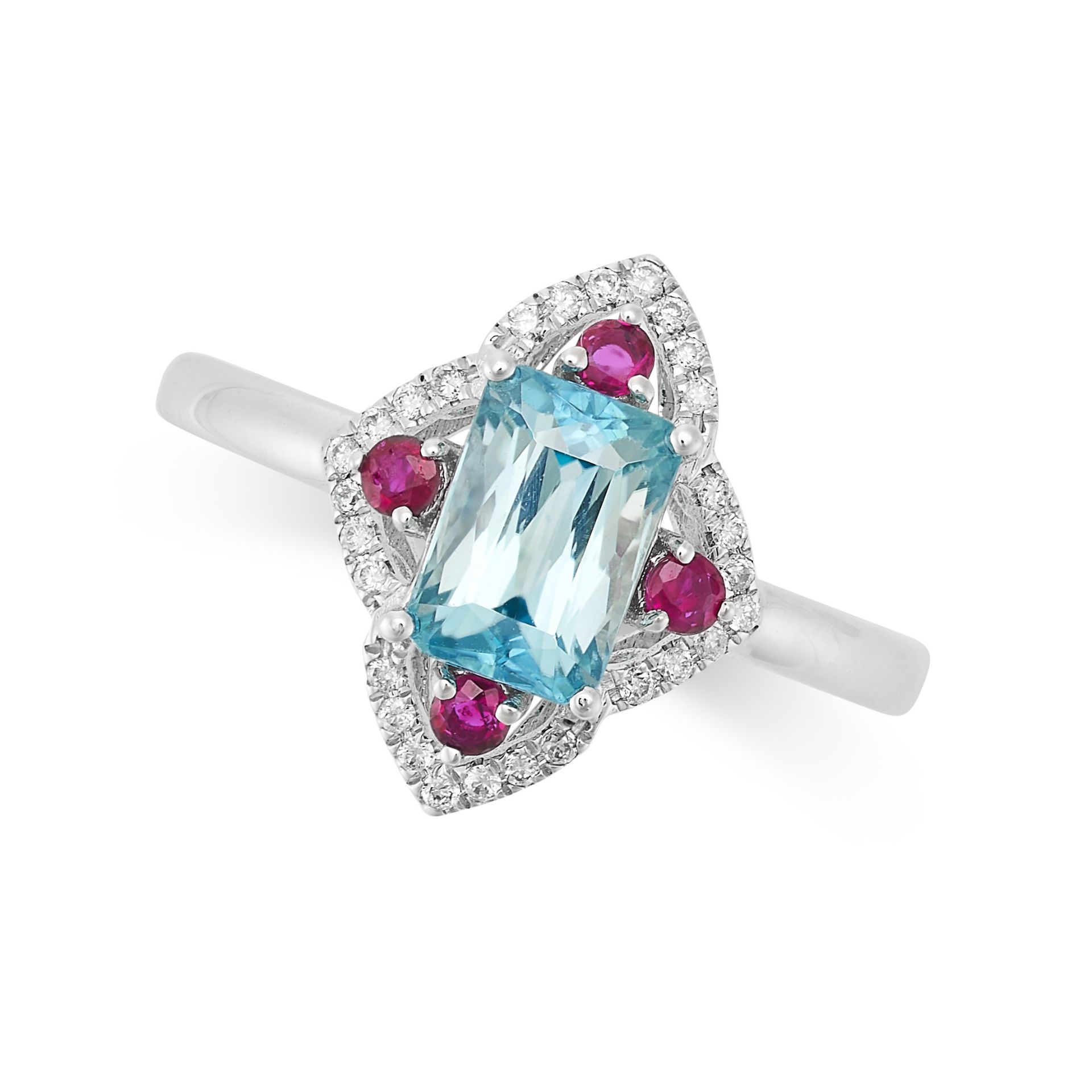 A BLUE ZIRCON, RUBY AND DIAMOND RING in 14ct white gold, set with a central mixed cut zircon of 1.89