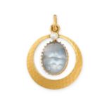 A MOONSTONE AND PEARL SCARAB BEETLE PENDANT the circular hammered pendant set with a pearl,