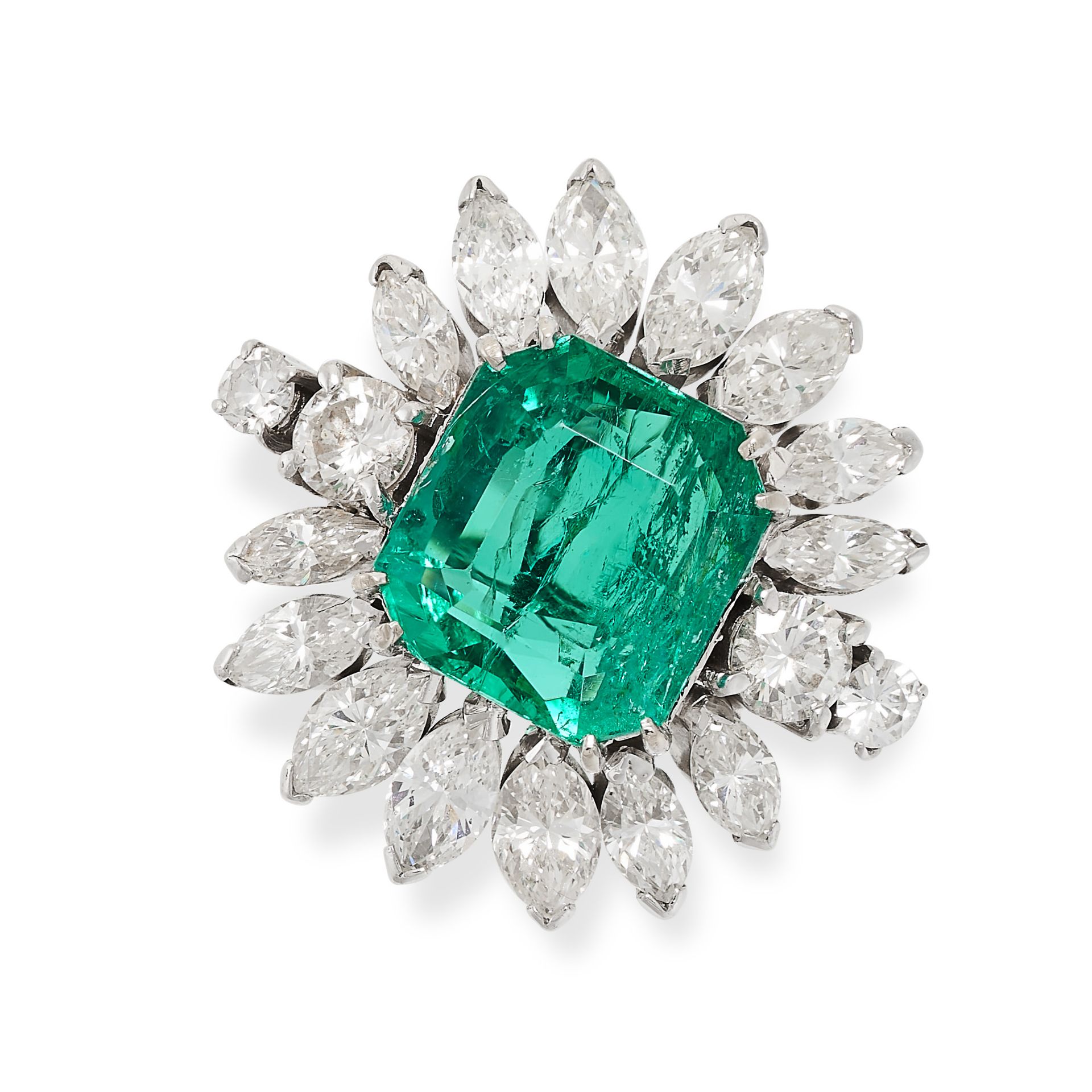 AN EMERALD AND DIAMOND RING set with an octagonal cut emerald of 3.75 carats in a cluster of round