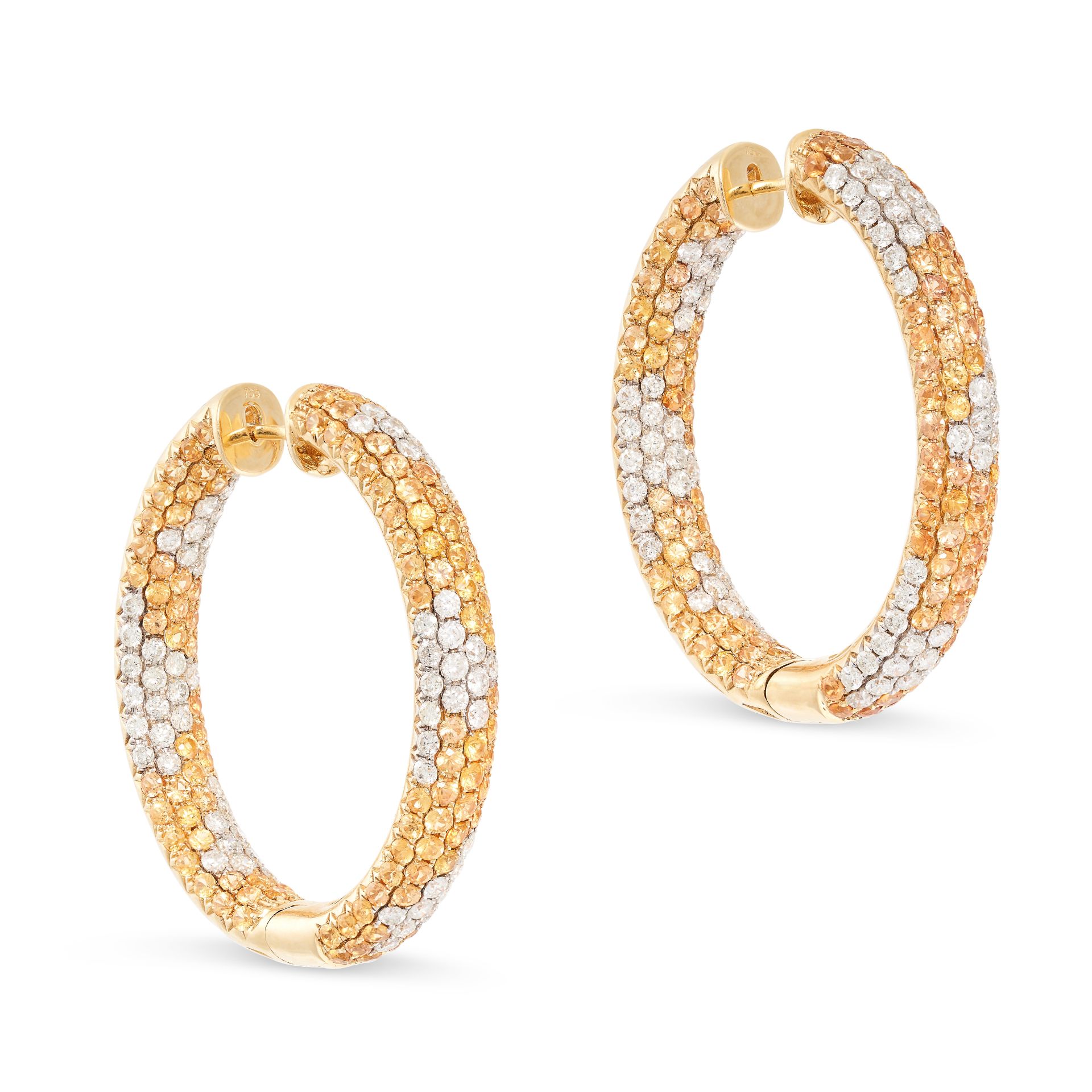 A PAIR OF YELLOW SAPPHIRE AND DIAMOND HOOP EARRINGS pave set with alternating round cut yellow