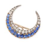 AN ANTIQUE VICTORIAN SAPPHIRE AND DIAMOND CRESCENT MOON BROOCH / PENDANT in 14ct yellow gold and